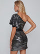 One Shoulder Belted Sequin Bodycon Dress