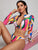 Geo Zipper Front Long Sleeve Top With High Cut Bikini
