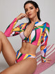 Geo Zipper Front Long Sleeve Top With High Cut Bikini