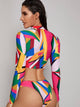 Geo Zipper Front Long Sleeve Top With High Cut Bikini