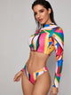 Geo Zipper Front Long Sleeve Top With High Cut Bikini