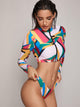 Geo Zipper Front Long Sleeve Top With High Cut Bikini