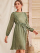 Chiffon All Over Print Ruffle Trim Belted Dress