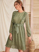 Chiffon All Over Print Ruffle Trim Belted Dress