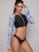 Palm Print Long Sleeve Top With High Cut Bikini