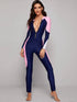 Colorblock Zipper Front Long Sleeve One Piece Swimwear