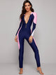 Colorblock Zipper Front Long Sleeve One Piece Swimwear
