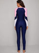 Colorblock Zipper Front Long Sleeve One Piece Swimwear