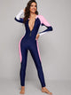 Colorblock Zipper Front Long Sleeve One Piece Swimwear