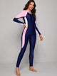 Colorblock Zipper Front Long Sleeve One Piece Swimwear