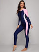 Colorblock Zipper Front Long Sleeve One Piece Swimwear