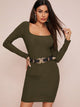 Square Neck Rib-knit Bodycon Dress Without Belt