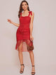 Mesh Panel Ruched Tie Straps Bodycon Dress