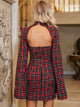 Glamaker Plaid Backless Split Sleeve Tweed Bodycon Dress