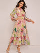 Bishop Sleeve Button Front Floral Print Ruffle Hem Dress