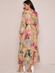Bishop Sleeve Button Front Floral Print Ruffle Hem Dress