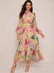 Bishop Sleeve Button Front Floral Print Ruffle Hem Dress