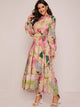 Bishop Sleeve Button Front Floral Print Ruffle Hem Dress