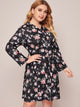 Plus V-neck Floral Print Shirt Dress