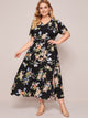 Plus Floral Print Split Thigh Belted A-line Dress