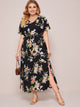 Plus Floral Print Split Thigh Belted A-line Dress