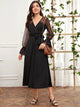 Belted Contrast Mesh Flounce Sleeve Dress