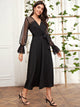 Belted Contrast Mesh Flounce Sleeve Dress