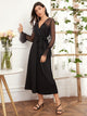 Belted Contrast Mesh Flounce Sleeve Dress