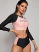 Letter Graphic Long Sleeve Top With Shorts Bikini