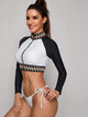 Zipper Front Long Sleeve Top With Tie Side Bikini Set