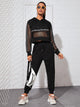 Fishnet Panel Letter Tape Hoodie With Joggers