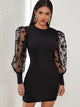 Floral Mesh Puff Sleeve Ribbed Bodycon Dress