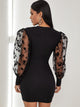 Floral Mesh Puff Sleeve Ribbed Bodycon Dress