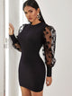 Floral Mesh Puff Sleeve Ribbed Bodycon Dress