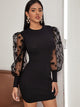 Floral Mesh Puff Sleeve Ribbed Bodycon Dress