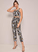 Plaid & Floral Print Cami Top & Belted Pants