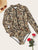 Leopard Zipper Front Long Sleeve One Piece Swimwear