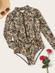 Leopard Zipper Front Long Sleeve One Piece Swimwear