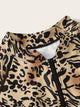 Leopard Zipper Front Long Sleeve One Piece Swimwear