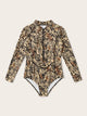 Leopard Zipper Front Long Sleeve One Piece Swimwear