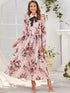 Floral Print Tie Neck Frill Trim Dress