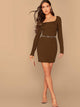 Square Neck Rib-knit Bodycon Dress Without Belt