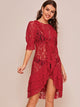 Sheer Lace Ruffle Trim Asymmetrical Hem Dress