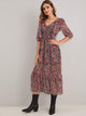 Floral Print Ruffle Trim Chiffon A-line Dress