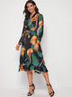 Plants Print Belted Wrap Dress