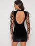 Dobby Mesh Puff Sleeve Backless Velvet Bodycon Dress