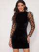 Dobby Mesh Puff Sleeve Backless Velvet Bodycon Dress