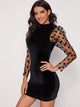 Dobby Mesh Puff Sleeve Backless Velvet Bodycon Dress
