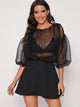 Swiss Dot Mesh Bodice Puff Sleeve Dress
