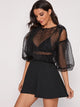 Swiss Dot Mesh Bodice Puff Sleeve Dress